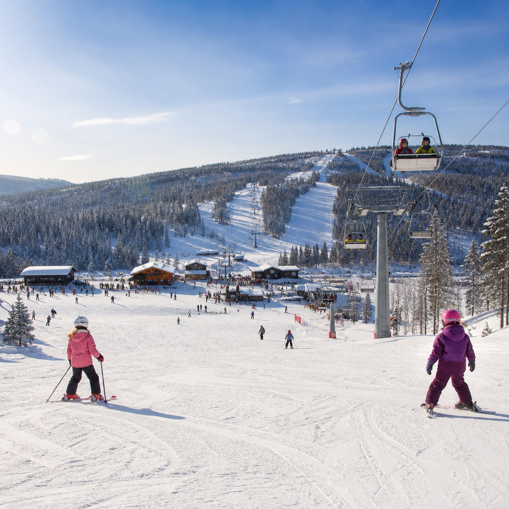 Åre Björnen i snö med liftar och stugor