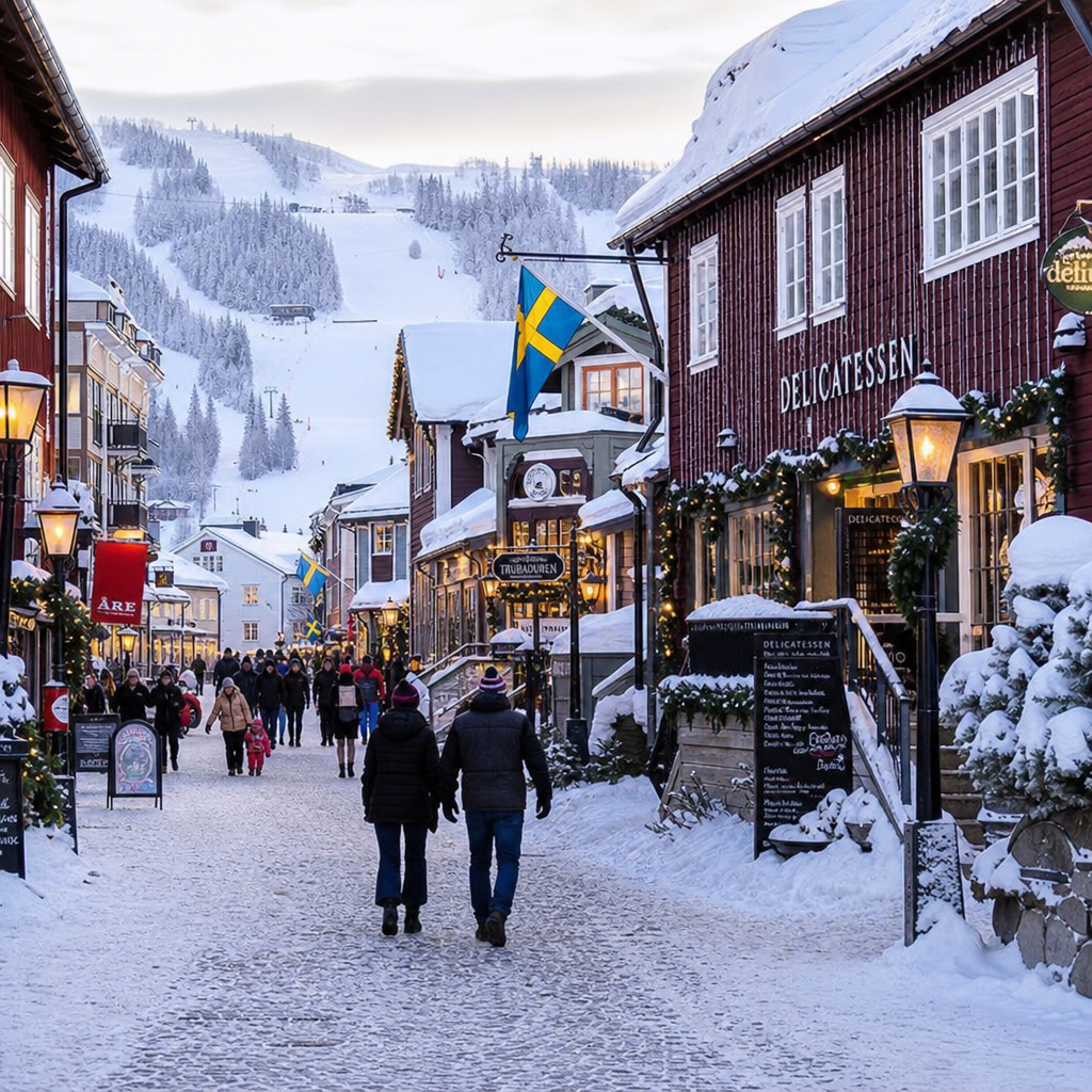 Åre by med torg, restauranger och berg i bakgrunden