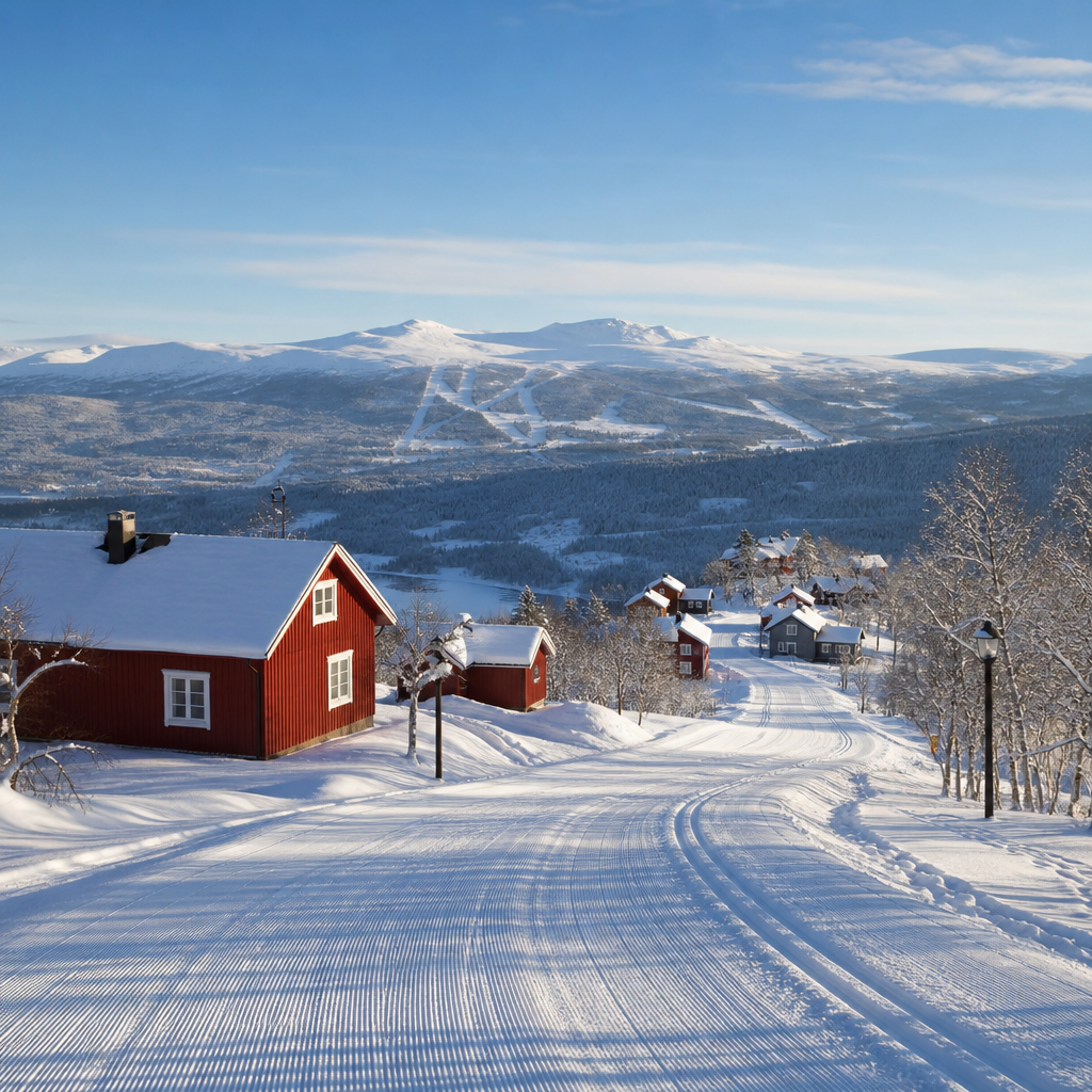Tegefjäll område med stugor och fjällutsikt